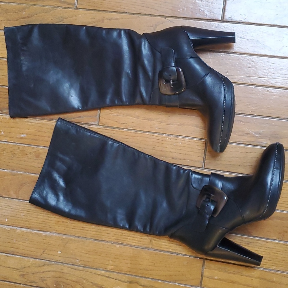 Francisco Morichetti Black Leather Tall Heeled Boots Ombre Resin Buckle …